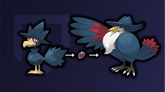 Murkrow evolution: Murkrow, the dusk stone, and Honchkrow in front of a midnight blue background