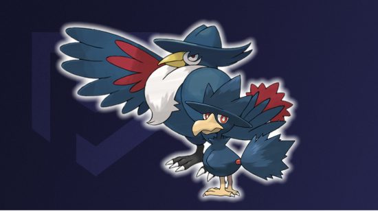 Murkrow evolution: Honchkrow stood behind Murkrow in front of a midnight blue background