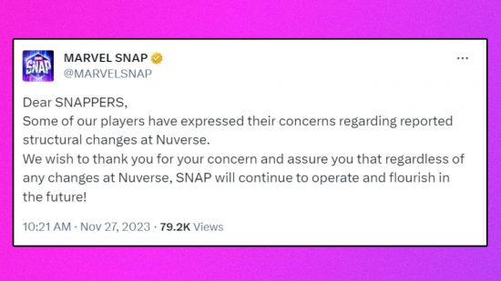 Screenshot from Marvel Snap X account referring to Nuverse restructure