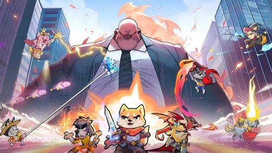 Oh My Dog codes key art showing various pups in front of a big angry human