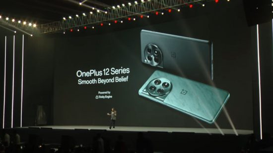 Screenshot from the OnePlus 12 launch presentation with a speaker on stage showcasing the new devices