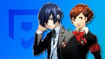 Persona 3 characters: The male and female P3 protagonists on a blue PT background