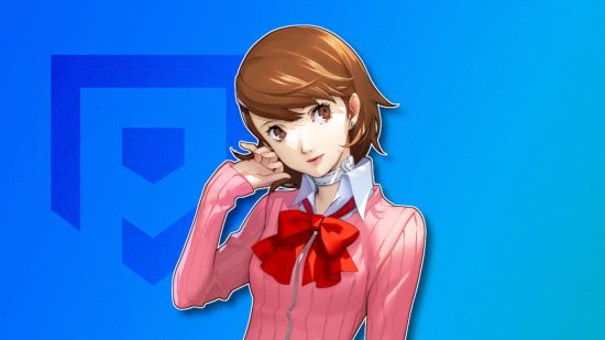 Persona 3 characters: Yukari outlined in white and drop shadowed on a blue PT background