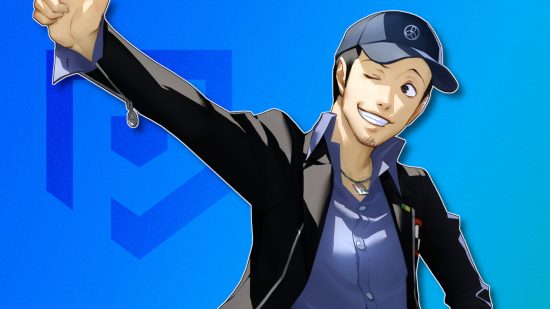 Persona 3 characters: Junpei outlined in white and drop shadowed on a blue PT background