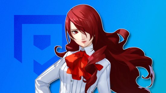 Persona 3 characters: Mitsuru outlined in white and drop shadowed on a blue PT background