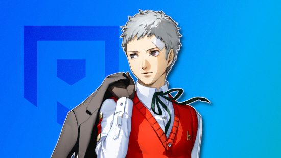 Persona 3 characters: Akihiko outlined in white and drop shadowed on a blue PT background