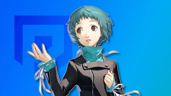 Persona 3 characters: Fuuka outlined in white and drop shadowed on a blue PT background