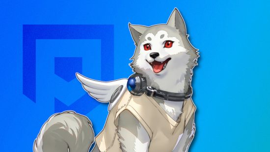 Persona 3 characters: Koromaru the dog outlined in white and drop shadowed on a blue PT background