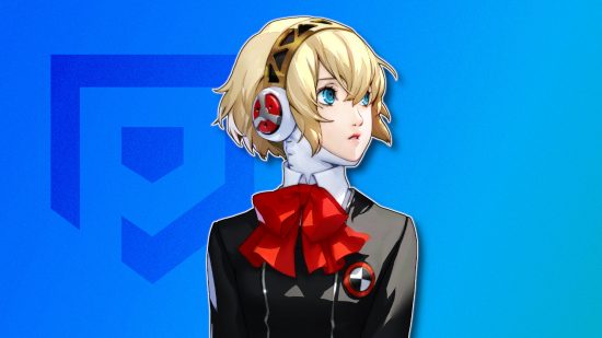 Persona 3 characters: Aigis in her school uniform outlined in white and drop shadowed on a blue PT background