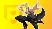 Persona 4's Kanji outlined in white and jumping and pointing on a P4 yellow PT background