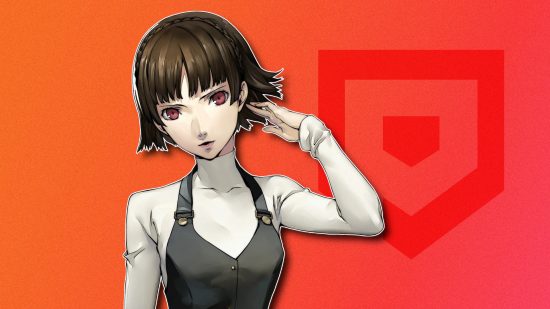 Persona 5's Makoto in her school uniform, outlined in white and drop-shadowed on a red PT background