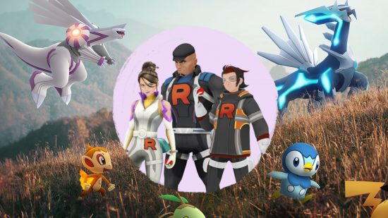 Pokemon Go Tour Sinnoh: Team Go Rocket Cliff, Arlo, and Sierra on a light purple circle background, which is pasted on the promo graphic for the event which features Dialga, Palkia, Chimchar, Piplup, and the top of Turtwig's head