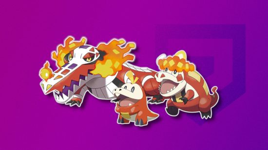 Pokemon Scarlet and Violet starters: Fuecoco, Crocalor, and Skeledirge outlined in white and pasted on a purple PT background to match Skeledirge's purple nose bits