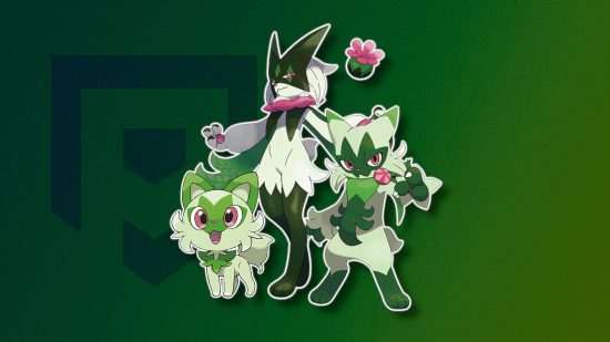 Pokemon Scarlet and Violet starters: Sprigatito, Floragato, and Meowscarada outlined in white and pasted on a dark green PT background