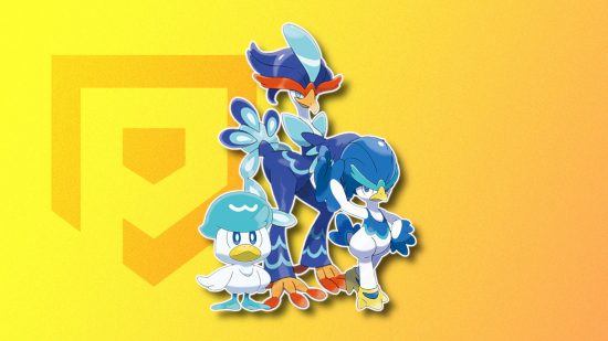 Pokemon Scarlet and Violet starters: Quaxly, Quaxwell, and Quaquaval outlined in white and pasted on a mango yellow PT background to match their yellow accents