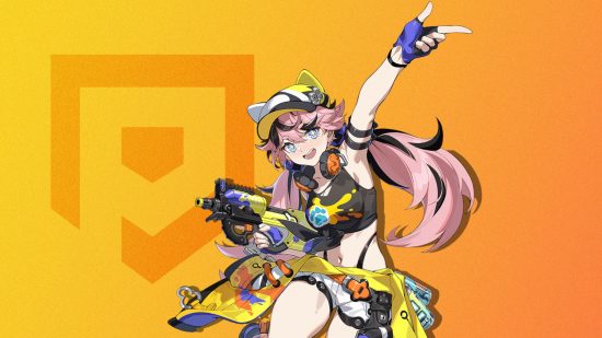Project Mugen characters - a pink-haired girl wielding a gun against an orange background with the Pocket Tactics logo on it
