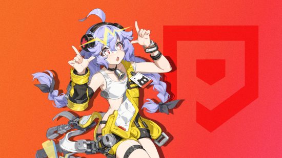 Project Mugen characters - a purple-haired girl with her hands up in an L-shape against a red background with the Pocket Tactics logo on it