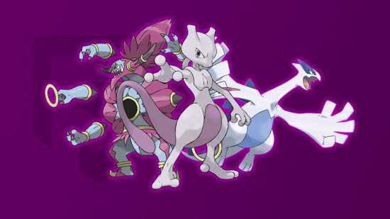 Psychic Pokemon weakness: Hoopa, Mewteo, and Lugia in front of a purple background