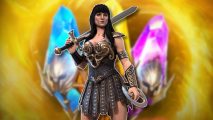 Raid Shadow Legends tier list: Xena Warrior Princess outlined in white and pasted on a blurred graphic
