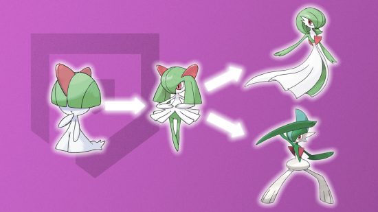 Ralts evolution line in front of a pink background