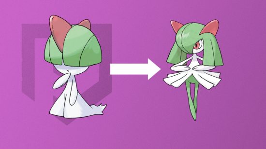 Ralts evolution: Ralts and Kirlia in front of a pink background