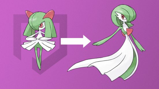 Ralts evolution: Kirlia and Gardevoir in front of a pink background