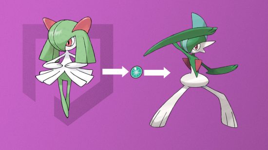 Ralts evolution: Kirlia, a dawn stone, and Gallade in front of a pink background
