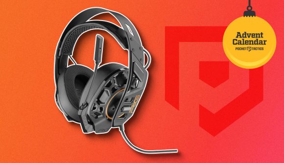 A Rig 500 Pro headset against an orange background with an yellow bauble that says 'Advent Calendar' on it