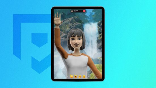 Roblox Connect: An animated Roblox avatar in front of a waterfall waving at the camera in a video call on an iPad. This is pasted on a blue PT background