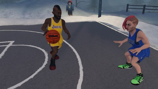 Screenshot from the Roblox NBA Playgrounds game with a player in a Lakers jersey dribbling