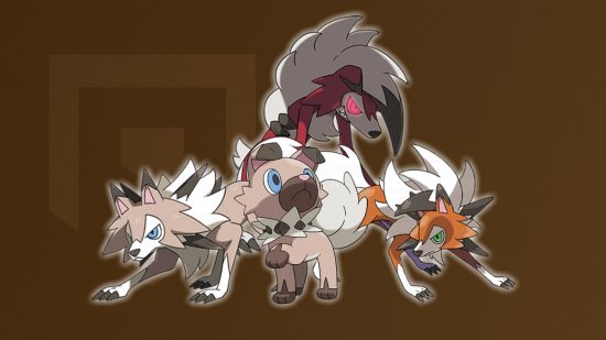 Rockruff evolution? Rockruff and the three different Lycanrocs in front of a brown background