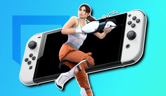 Science games: Chell from Portal pasted over a Nintendo Switch OLED, all outlined in white and pasted on a blue PT background