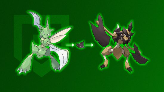 Scyther evolution: Scyther, the black augurite, and Kleavor glowing green in front of a green background