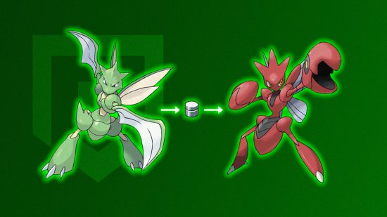 Scyther evolution: Scyther, the metal coat, and Scizor glowing green in front of a green background