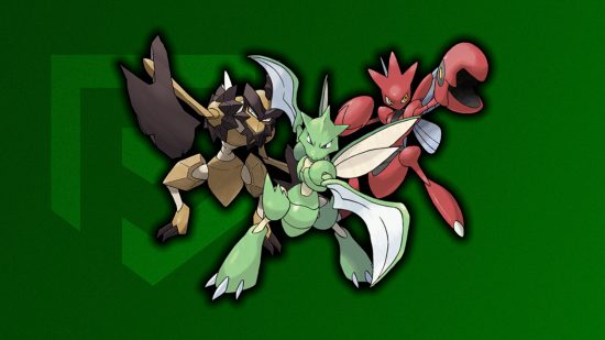 Scyther evolution: Kleavor, Scyther, and Scizor glowing black in front of a green background