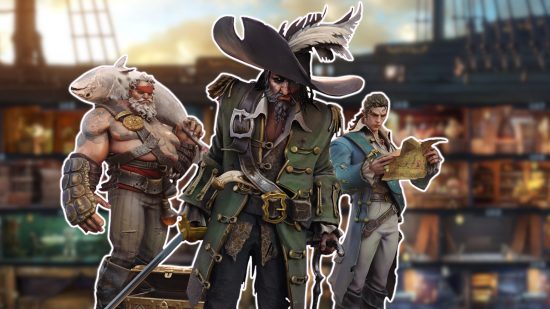 Sea of Conquest release date: Three pirates from the Sea of Conquest key art outlined in white and pasted on a blurred game screenshot