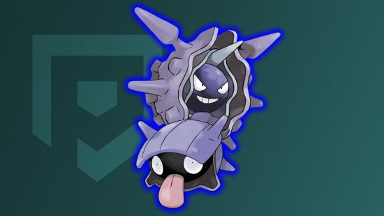 Shellder evolution: Shellder and Cloyster in front of a dark ice blue background