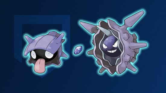 Shellder evolution: Shellder, a water stone, and Cloyster in front of a blue background