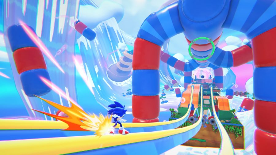 Sonic running grinding a rail in a Sonic Dream Team world