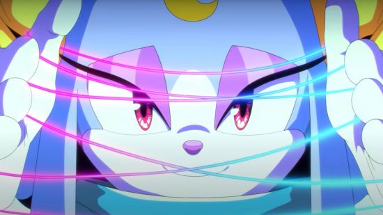Sonic Dream Team animation: A screenshot from the animation of Ariem's face smiling while she holds up a cat's cradle of pink and blue glowing threads