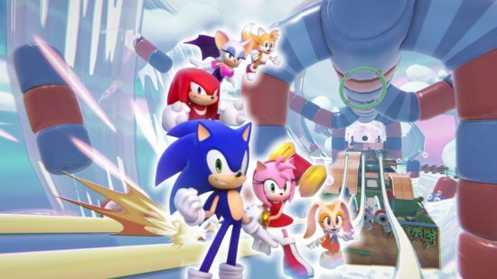 Sonic Dream Team release date key art showing Sonic, Tails, Knuckles, Rouge, Amy, and Cream in from of a Dream World