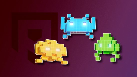 Space Invaders games: The three 3D alien sprites from Space Invaders World Defense outlined in white and drop shadowed on a grape-purple PT background