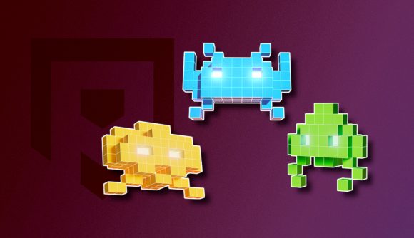 Space Invaders games: The three 3D alien sprites from Space Invaders World Defense outlined in white and drop shadowed on a grape-purple PT background