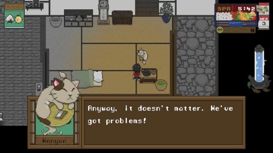 Spirittea review - a screenshot of Spirittea gameplay showing Wonyan telling the player 'we've got problems'