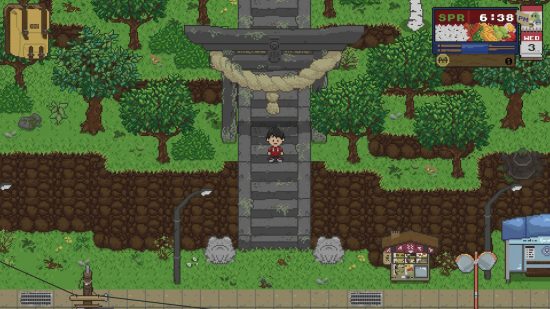 Spirittea review - a screenshot of the player character standing on the steps leading up the mountain