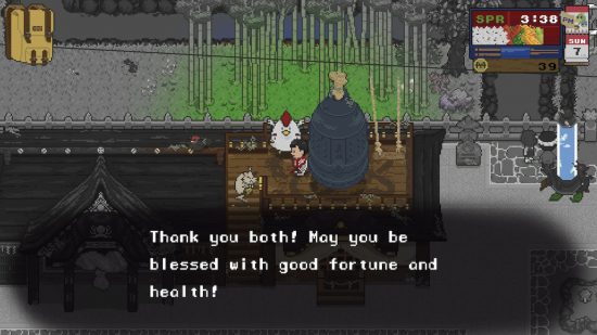 Spirittea review - a chicken spirit standing next to a bell and helping the player and Wonyan for their help