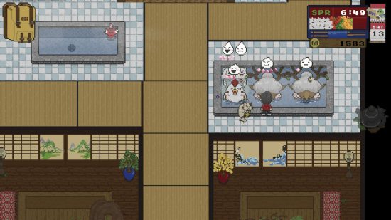 Spirittea review - a screenshot of gameplay showing a player character tending to spirits in a bath