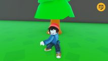Unordinary Simulator codes: A screenshot of a Roblox character standing in front of a tree punching. The PT logo is in the top right corner