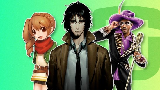 Utomik review - Sabrina from Harvest Moon: Light of Hope, Kazuo Yashiki from Spirit Hunter: Death Mark, and Zimos from Saints Row The Third over a green gradient background with the Utomik logo