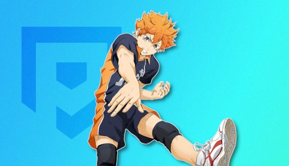 Volleyball games: Hinata from Haikyuu slapping a volleyball on a blue PT background